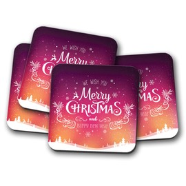 4 Set - Purple Merry Christmas Coaster - Xmas Festive New Year Snow #14685