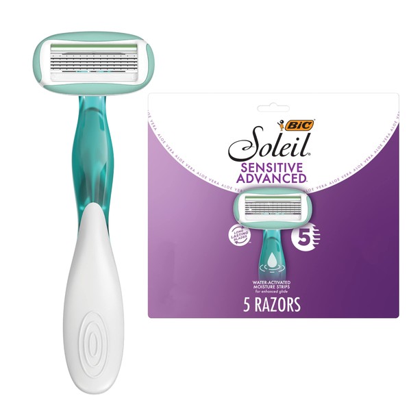 BIC Soleil Sensitive Advanced Women's Disposable Razors With 360 Degree Water Activated Moisture Strip for Enhanced Glide, Shaving Razors With 5 Blades, 5 Count