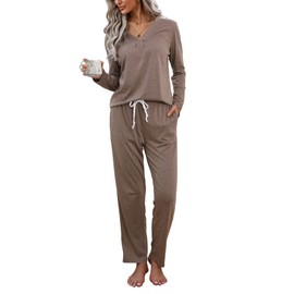 difficort Women's Pajama Sets Long Sleeve Lounge Sets Pjs Sleepwear with Pockets,Brown,Large
