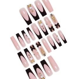 Long Square Press on Nails French Tip Black Fake Nails with 3D Bow Designs False Nails Butterfly Charm Artificial Nails Pink Glossy Glue on Nails Cute Summer Stick on Nails for Women 24Pcs