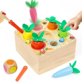 XIAPIA Montessori Toy from 1 Year, Interactive Wooden Toy with Pop-Up Carrots and Dice, Plug-In Game, Magnetic Game, Motor Skills Toy for Boys and Girls, Gift for Birthday, Christmas, New Year