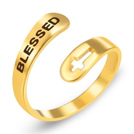 Tobestu Stainless Steel Blessed Ring - Gold Plated Opened Rings with Hollow Cross Religious Symbol Jewelry for Him and Her - YA3984