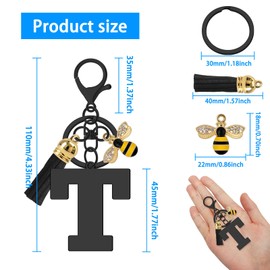 Letter Keyring A-Z Alphabet Initial Keychains with Cute Bee Tassel Pendants Initial Letter Keychain for Women Stainless Steel Letter Initials Charms for Purse Handbags Car Key Backpack Keyring(T)