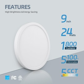 ECOELER 9 inch LED Ceiling Light Fixture, 2700/3000/4000/5000/6000K Adjustable Surface Mount Ceiling Lamp, 24W 1800Lm Flush Mount Ceiling Light for Kitchen, Stairwell, Porch, Basement, 2 Pack