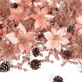 56 Pcs 4 Styles Poinsettias Artificial Christmas Flowers,Glitter Berries Stems Ornaments Tree with Pine Cones & Stems for Xmas Wedding DIY Wreath Floral Party Holiday Home Decorations (Rose Gold)