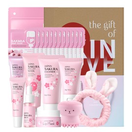 Set de Regalo Sakura para Cuidado Facial, 22 Piezas con Mascarilla de Barro, Crema de Ojos, Mascarilla Labial, Hidratante para Mujer y Niñas, Piel Sua