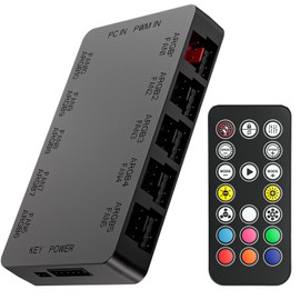 GSCOLER 10-Port ARGB & PWM Fan Hub Controller - Magnetic Mount 5V/3PIN RGB PC Fan Hub with Wireless Remote, Chassis Key Control & SATA Power - Support 10 PWM Case Fans Splitter & ARGB Lighting Devices