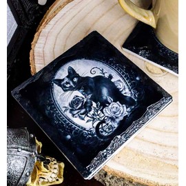 Pacific Giftware Black Cat Roses Slate Ceramic Coaster with Cork Backing Set of 4