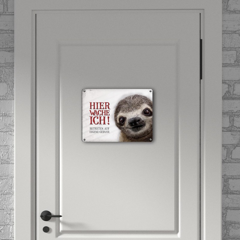 Metal Sign with Sloth Motif and Saying "Betreten auf eigene