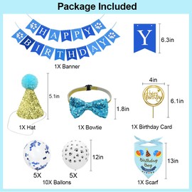 Enmaipet Dog Birthday Party Supplies, Blue Dog Bandana Set with Hat, Scarf, Banner, Balloons and Bowtie for Small to Large Dogs