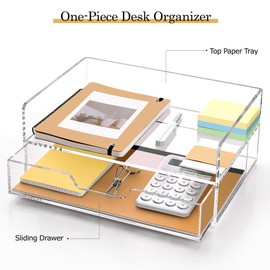 SANRUI Desk Organizer with Sliding Drawer Desk Organizers and Accessories for Office Organization and Storage, Acrylic File Organizer Drawer Stackable 2-Tier Paper Organizer for Desk,Clear
