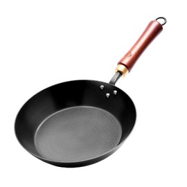 WANGYUANJI Coating-Free Carbon Steel Pan, Flat Bottom Skillet with Removable Heat-Resistant Wooden, High-Heat & Open Flame Compatible (Gas, Electric, Induction) 10.24Inch Frying Pans for Cooking