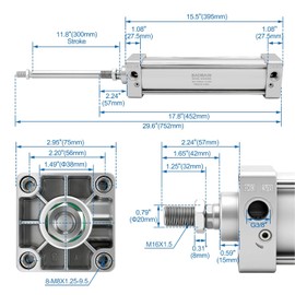 Baomain Pneumatic Air Cylinder SC 63 x 300, PT 3/8, 2-1/2" Bore, 11.81" Stroke, Single Rod Double Acting, M16x1.5 Threaded Rod, Includes CY Foot Flange, CB Binaural Base & 2X Push-in Fittings