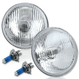Octane Lighting 5-3/4" OEM Retro Stock Style Glass Metal Low/High Beam Headlight 55/60w Halogen Super White H4 Light Bulb Headlamp Pair (Stock OEM Style, 5.75")