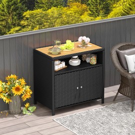 Tangkula Rattan Storage Cabinet, Outdoor Patiojoy Buffet Cabinet with Acacia Wood Countertop, Open Compartment & Enclosed Cabinet, 2-Door Wicker Sideboard, Storage Organizer for Poolside (Black)