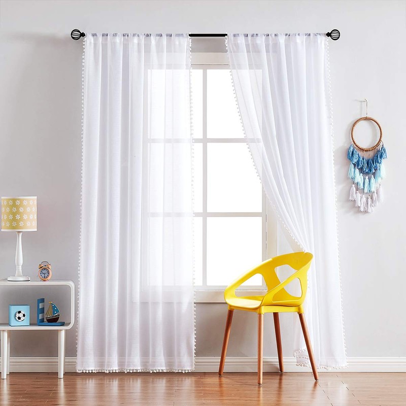 Pom Pom White Sheer Curtains for Living Room 63" Linen