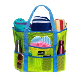 Dejaroo - Sand Free Mesh Bag - Strong Lightweight Tote For Beach & Vacation Essentials. Tons of Storage with 8 Pockets, Foldable, 17x9x15 inches, Green with Aqua Straps