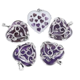 SUNYIK 4pcs Flower Leaf Wrapped Love Heart Stone Pendant Necklace for Women, Healing Stone Crystal Heart Necklace for Couple, Amethyst/Rose Quartz/Rock Quartz/Green Aventurine
