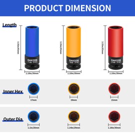 DAKCOS 1/2 Inch Drive Wheel Protector 3 Piece, Impact Socket Set Thin Wall Deep with Plastic Sleeve 6 Point Cr-Mo Metric Protective Lug Nut Socket (17mm/19mm/21mm)