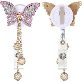 2Pcs Crystal Pink Butterfly Rhinestones Retractable Badge Reel, Bling Diamond Nurse Badge Holder Reels with Swivel Alligator Clip Badge Holders Identification Badges Supplies Decorative Accessories