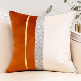Yangest Burnt Orange Patchwork Velvet Throw Pillow Cover with Gold Striped Leather Cushion Case Modern Luxury Pillowcase for Sofa Couch Bedroom Living Room Home Decor,20"x20"