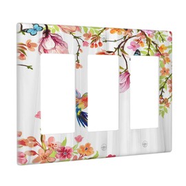 Vintage Rustic Flower Triple Rocker/Decora Wall Plates for Light Switches 3 Gang Wall Plate Farmhouse Hummingbird Butterfly GFCI Electrical Outlet Cover for Bathroom Kitchen Home Decor 6.38" x 4.49"
