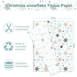 JarThenaAMCS 100 Sheets Christmas Tissue Paper Blue Brown Snowflake Gift Wrapping Paper Decorative Art Paper for Winter Xmas Party DIY Crafts, 14 x 20 Inch