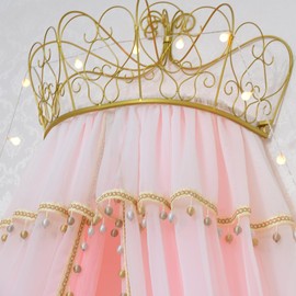 GongZhuMeng Girl Bed Curtain Princess Crown Mosquito Netting Children Room Decor Bedside Yarn Net Romantic Princess Tents Bed Canopy Valance (Light Pink)