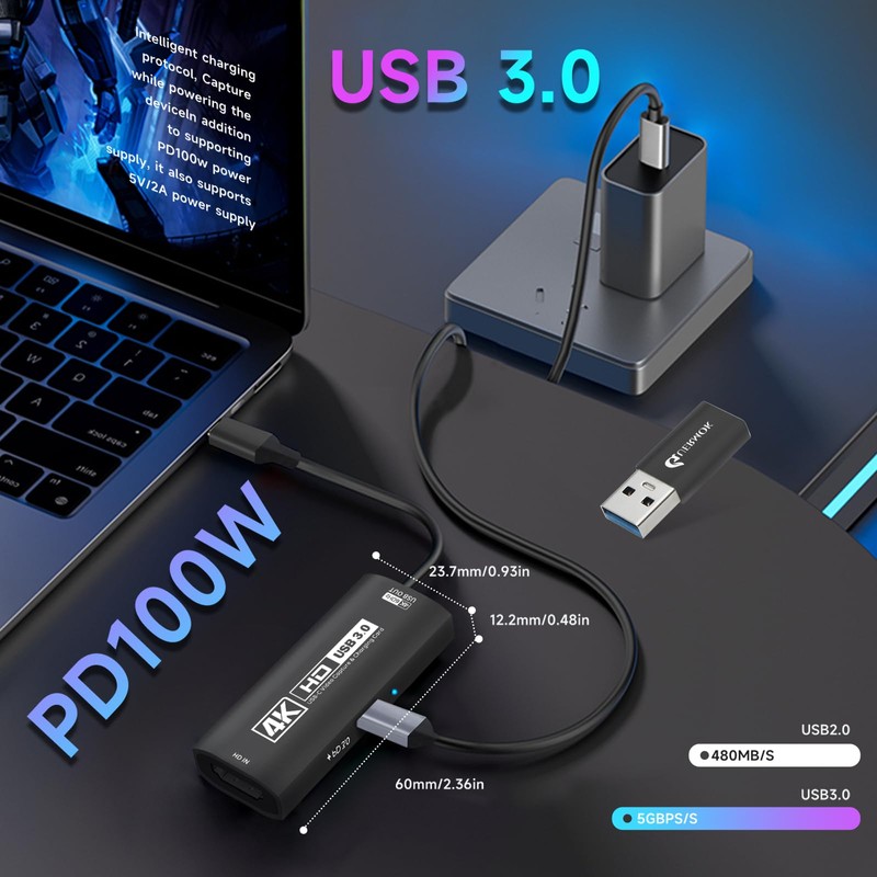 Guermok 4K USB3.0 Video Capture Card with PD 100W, 4K@60FPS