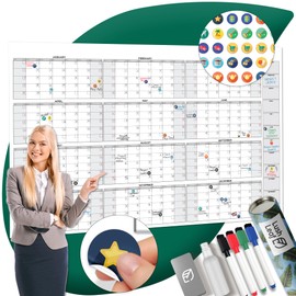 Giant Wall Calendar, 38" x 58" - Yearly Undated Dry Erase - 12 Month Year - Includes Markers, Eraser & Accessories