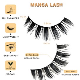 APCYUST Manga Lashes Wispy Spiky Anime Eyelashes 14 Pairs Doll-Eye Wet Look Cat-Eye Strip Lashes Faux Mink Manhua Eyelash Manga Look Reusable Manhwa False Eyelashes for Beginners