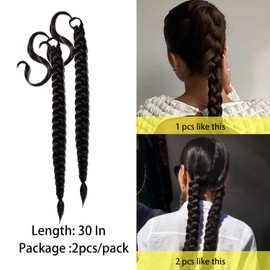 2 Packs Black Long Braided Ponytail Extension For Black Women Soft Synthetic Hair Piece For Women with Hair Tie Straight Wrap Around Ponytail Braided Hair Extensions pre Stretched 30 Inch