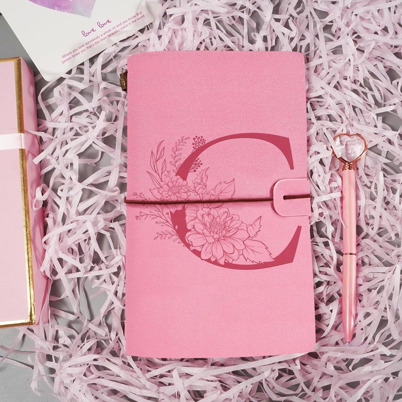 Initials PU Leather Notebook with Pen, Pink Refillable Diary for