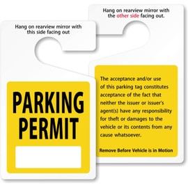 MyParkingPermit (Pack of 50) 5 x 3 inch Standard “Parking Permit” Write-on Rearview Mirror Hang Tags, 35 mil Plastic, Yellow and White