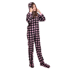 Hoodie Footed Onesie Buffalo Pink & Black Plaid Fleece Footed Pajamas for Boys & Girls (L-14/16)
