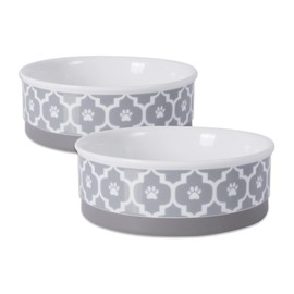 Bone Dry Paw Print Ceramic Pet Bowl, Lattice Collection, Medium Set, 6x2", Gray, 2 Count