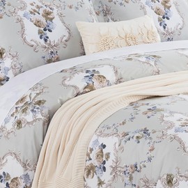 DAUAOTO King Size Patterned Duvet Cover Set - 104"x90" Cover + 2 Shams, 100% Cotton Printed Bedding Sets, Classical Pattern, Rococo Gray