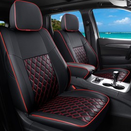 Huidasource Upgrade Grand Cherokee Seat Covers, Full Coverage Waterproof Leather Car Seat Covers, Custom Seat Cushion Protector Fit for Jeep Grand Cherokee 2011-2021 (Full Set/Black&Red)