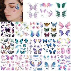 18 Sheets Glitter Butterfly Temporary Tattoos Stickers for Girls Eye Face Makeup Decoration Flash Fairy Wings Flower Waterproof Fake Tattoos for Women Festival Party Eye Makeup Décor