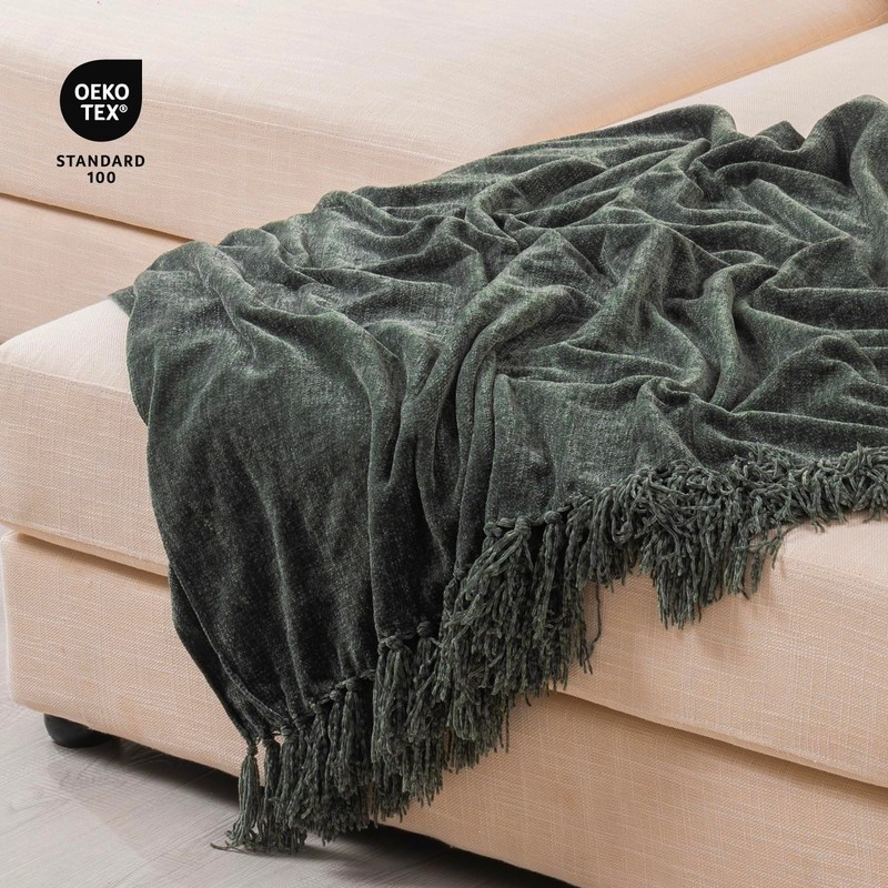 RECYCO Throw Blanket Soft Cozy Chenille Throw Blanket with Fringe