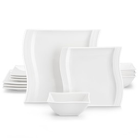 MALACASA Ivory White Dinnerware Set, 12 Pieces - Porcelain Dinner Plates, Dessert Plates and Bowls, Square Flora Pattern