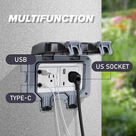 ZUYIYI Outdoor Power Outlet IP66 Waterproof Power Socket, 15A 110-250V Outdoor Plug Socket with Type C & USB Ports, Lockable Electrical Outlet with Clear Cover for Garden Outdoor Indoor Wall