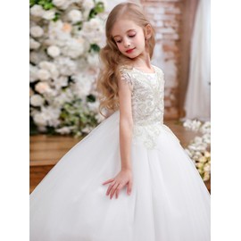 Fancy Sequin Beaded Girls Pageant Ball Gown Lace V Back Flower Girl Dress for Wedding (Size 6, White)
