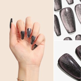 Sun&Beam Nails Handmade Press-On Medium Long Coffin Ballerina with Black Pink Cat Eye Design Charm Cute False Nail Tips 10 Pcs (#106 M)