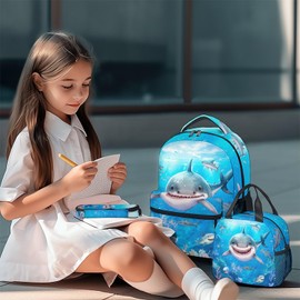 Homexzdiy School Backpack with Lunch Box Set for Girls Boys, 3 in 1 Shark School Backpacks Matching Combo, Cute Blue Bookbag and Pencil Case Bundle