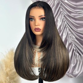 TESLAL Balayage Wear and Go Glueless Wigs Human Hair Pre Cut HD Lace Wig 6X6 Layered Straight Wigs For Women 260% Density Synthetic Human Hair Blend Wig By Crafted Technology 28Inch