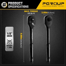 pgroup 1/2-Inch Drive Ratchet Wrench, 90 Tooth Reversible Ratchet, 4-Degree Swing, Ergonomic Handle, Chrome Alloy Made, Quick Release Ratchet Wrench for Repairing, Home, DIY
