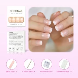 CoolNail Uñas postizas francesas de color rosa y nude blancas y francesas, cuadradas, de gel UV, uñas postizas a presión para niñas, de cobertura comp