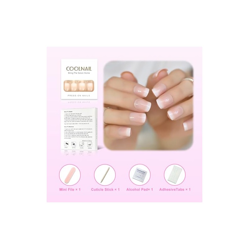 CoolNail Uñas postizas francesas de color rosa y nude blancas