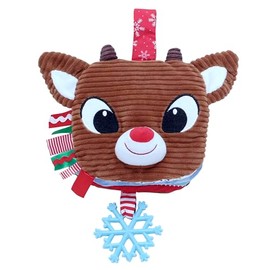 Plush Christmas Baby Book with Crinkle, Teether and Travel Strap, 6 Pages, 6 inches, Rudolph, The Red Nosed Reindeer, Brown
